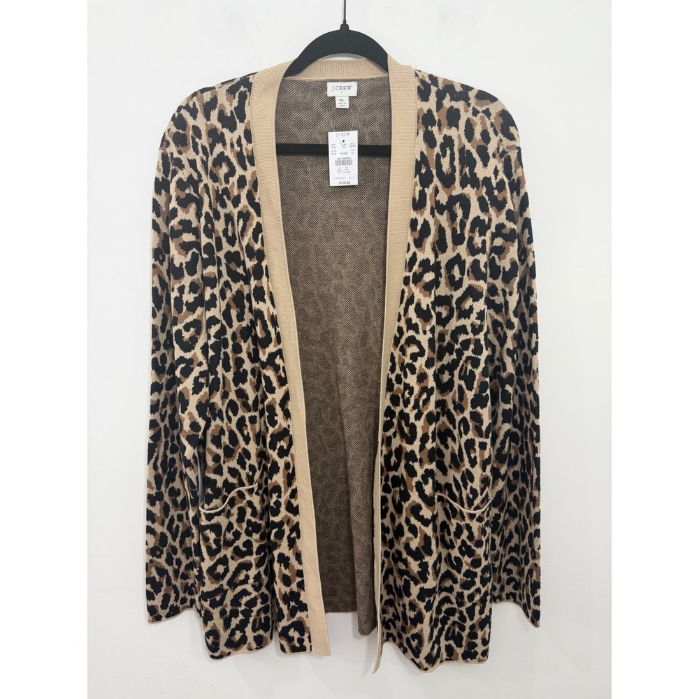 J.Crew Womens XL Leopard Print Cotton Open Front Cardigan Sweater AG764 NEW